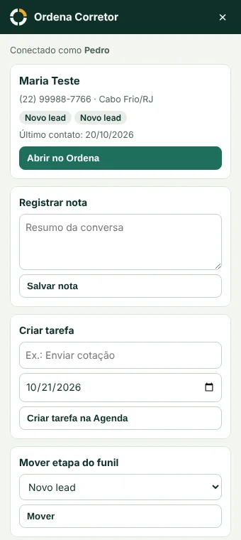 Painel do Ordena dentro do WhatsApp Web